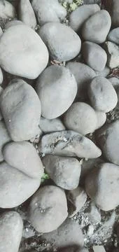 Close-up of smooth, rounded river stones and pebbles on the ground 스톡 사진