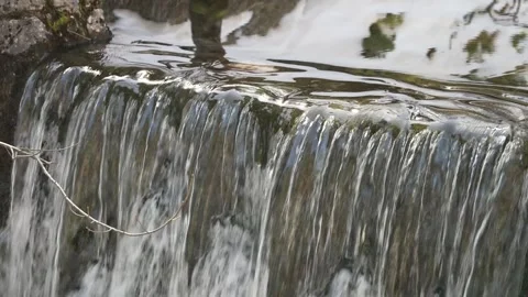 Close-up of Smooth Waterfall Cascade with Flowing Water and Reflections Stock Footage 313901571