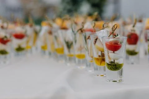 Close-up of snacks on the table, arranged in a row Stock Photos