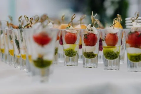 Close-up of snacks on the table, arranged in a row Stock Photos