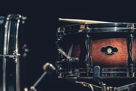 Close-up, snare drum on a dark background isolated. Stock Photos