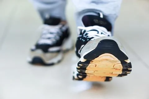 A close-up of a sneaker stepping forward on a smooth surface, showcasing mo.. Stock Photos