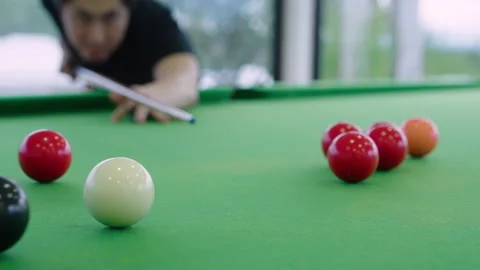 Close up of Snooker shooting on snooker table in slow motion Video stock 159857290