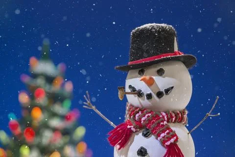 Close-up of snowman with Christmas tree while snowing Foto stock