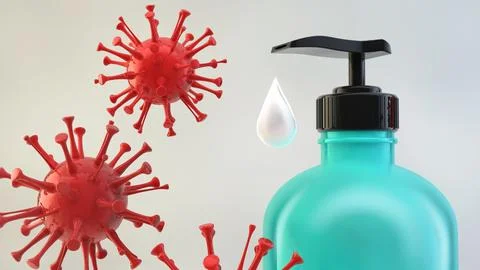 Close up Soap bottle and virus cell 3d Illustration. Hygiene concept. The virus Stock Illustration