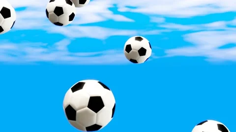Close-up of the soccer balls falling on blue sky scene., looping 4K animations. Stock Footage 151361460