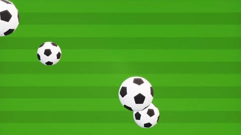 Close-up of the soccer balls falling on green floor., looping 4K animations. Stock Footage 151294984