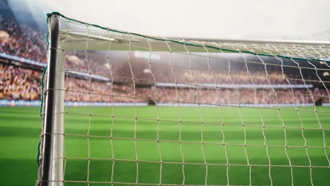 Close-up of soccer goal net showing rope knots and grid texture Stock Footage 337994567
