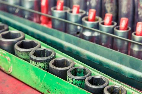 Close up of a socket set and tools at an electrical power plant, Prudhoe Bay, Ar Stock Photos