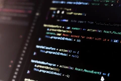 Close-up software code. Programming process. Background copy space Foto stock