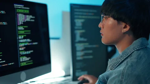 Close up software developer typing code debugging system backend development Stock Footage 313820932