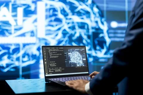 Close up of software developer typing on laptop, upgrading neural network Stock Photos