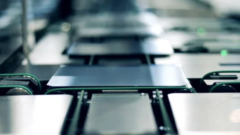 Close up of solar cells on a modern conveyor Video stock 166904368