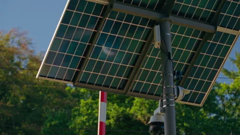 Close Up of Solar Panel Connected to CCTV Security Camera for Renewable Energy Stock Footage 345551862