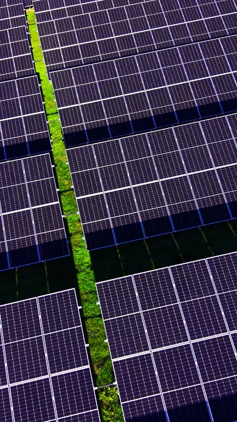 Close up of solar panel rows on grass Vertical video. Stock Footage 332347132