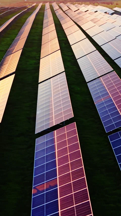 Close up of solar panels with sunset light reflection Vertical video. 動画素材 332347451