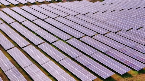 Close up of solar power field with multiple photovoltaic panels in organized Stock-Footage 309440127