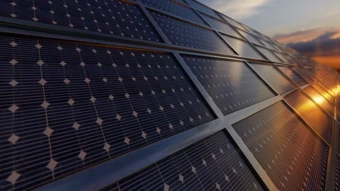 Close up of solar power panels farm against magical sunrise, 4K Stock Footage 125509302