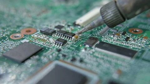 Close-up of soldering process on a circuit board in a workspace Stock Footage 346648939