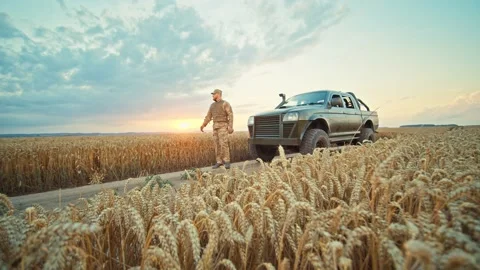 Close up soldier getting out of the car near in a wheat field, dressed in Stock Footage 228291416