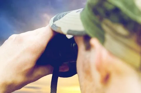 Close up of soldier looking to binocular Fotos de archivo