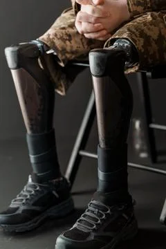 A Close-Up of a Soldier Wearing Advanced Bionic Leg Prosthesis Stock Photos