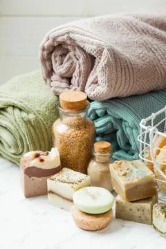 Close up of solid shampoo and soap in spa composition Stock Photos