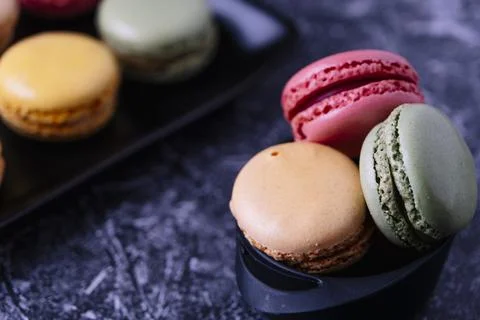 Close-up of some macarons of different flavors. Stock Photos