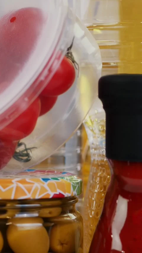 Close-up, some nicely arranged groceries, food products rotate on white Video stock 321014559