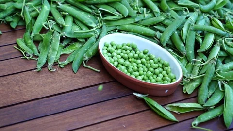 Close up of some peas falling from the top into a porcelain bowl on a wood table Stock Footage 108211780