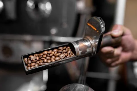 Close up of some roast beans from the coffee roaster machine Stock Photos