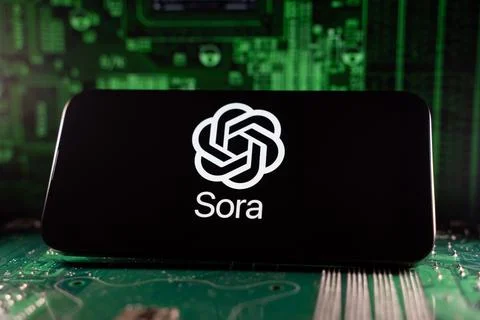 Close up of Sora logo on smartphone screen with motherboard background. Toronto, Stock Photos
