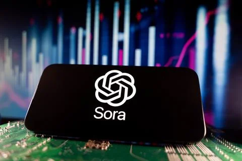 Close up of Sora logo on smartphone screen with financial chart background. Stock Photos