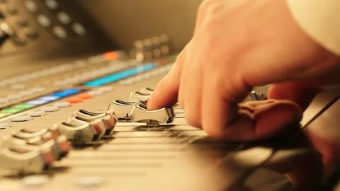 Close Up Sound Engineer Adjusts Mixer Studio Audio Control Music Production Stock Photos