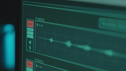 Close up on sound recording software or app showing audio wave on microphone Stock Footage 341324809