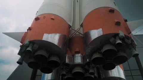 Close-up of Soviet rocket monument. Massive steel structure fills frame. Stock Footage 284324726