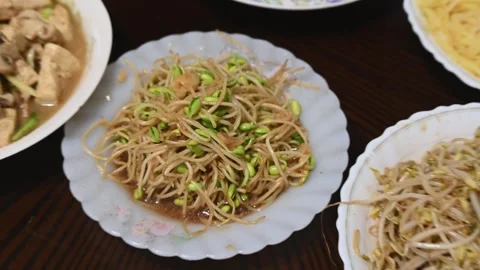 Close Up of Soybean Sprouts Stir Fried with Soy Sauce Stock Footage 346488887