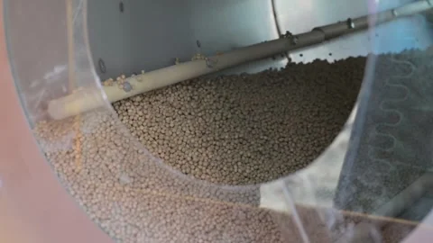 A close-up of soybeans is processed in a metal drum Stock Footage 345599216