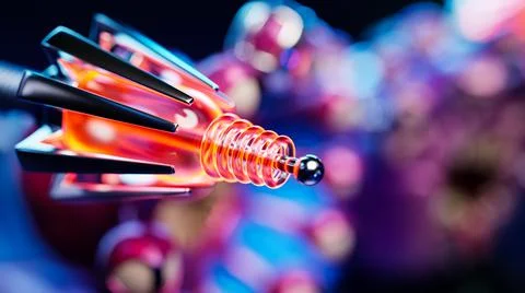 Close-up space weapon similar to a stinger with neon light. Cartoon toy blast Stock Illustration
