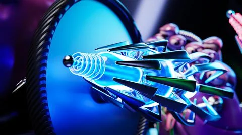 Close-up space weapon similar to a stinger with neon light. Cartoon toy blast Stock Illustration