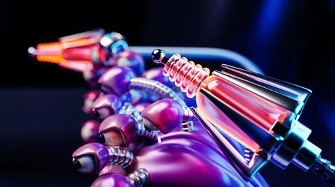 Close-up space weapon similar to a stinger with neon light. Cartoon toy blast Stock Illustration