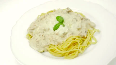 Close up of spaghetti with cheese sauce.4K motion. Stock Footage 150712992