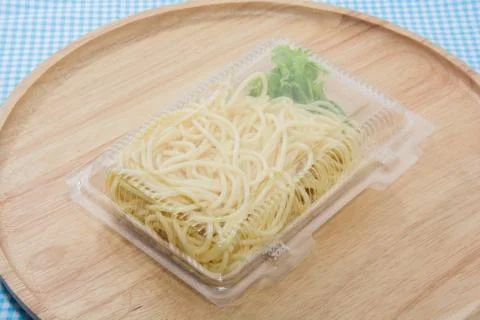 Close up of spaghetti in plastic box Stock Photos