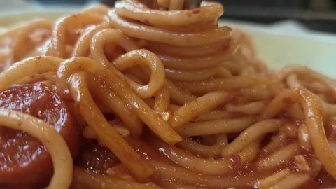 Close-up of spaghetti with red sauce and meat, twisted on a fork, ready to eat Stock Footage 290348716