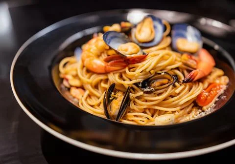 Close up spaghetti with seafood Stock Photos