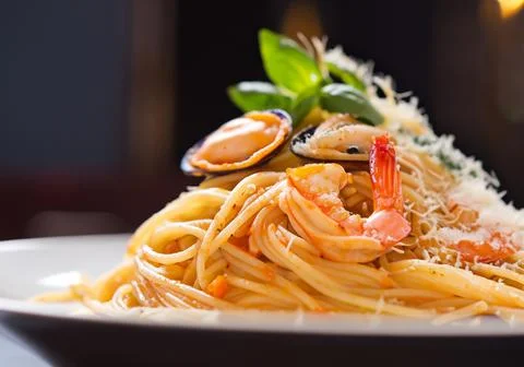 Close up spaghetti with seafood Stock Photos
