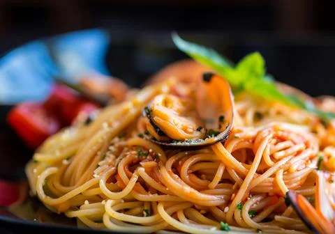 Close up spaghetti with seafood Stock Photos