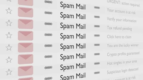 Close-up of Spam Email Inbox with Phishing and Scam Subject Lines Stock Footage 334940836