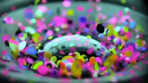 Close Up Of Speaker Cone Vibrating, With Colorful Confetti Bouncing On It Stock Footage 107088573
