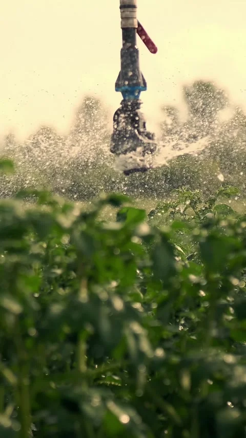 Close-up, special irrigation system sprinkles water over green potato bushes. Stock Footage 320610995